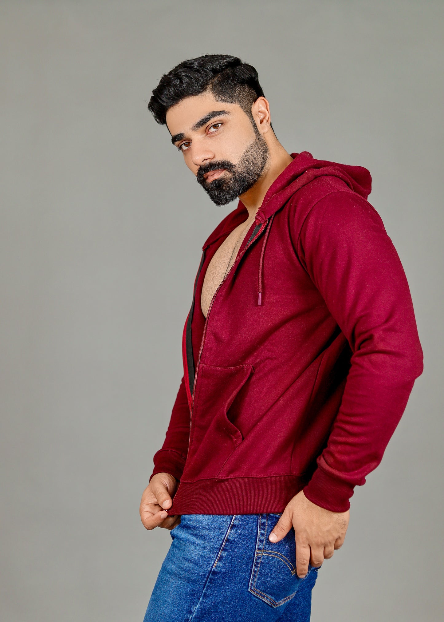 Men's Solid Wine Zipper Hoodie