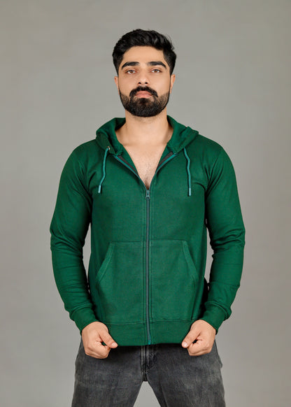 Men's Solid Bottle Green Zipper Hoodie