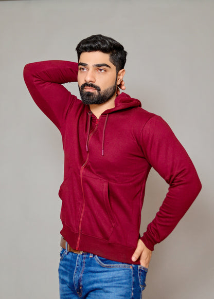 Men's Solid Wine Zipper Hoodie