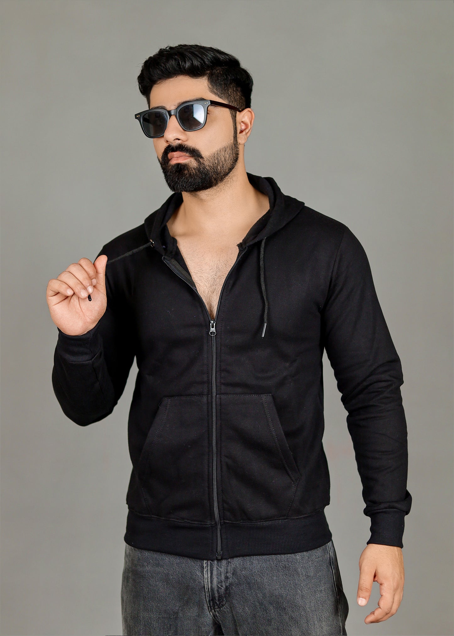 Men's Solid Black Zipper Hoodie