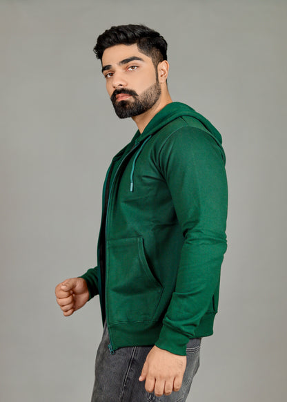 Men's Solid Bottle Green Zipper Hoodie